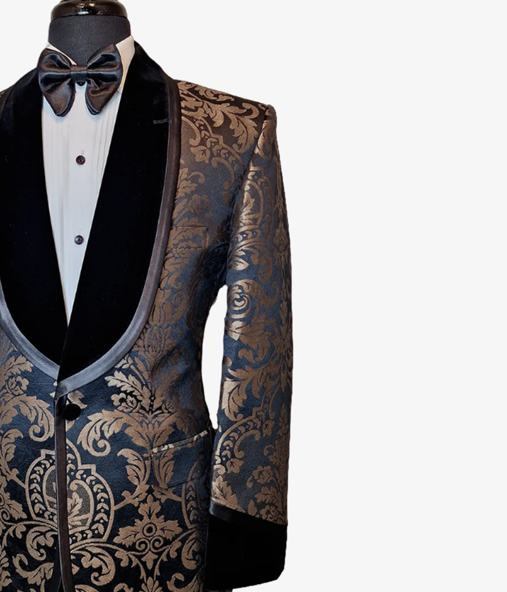 Ambara - Majestic - Black & Bronze Damask Print Jacquard Tuxedo Jacket 1