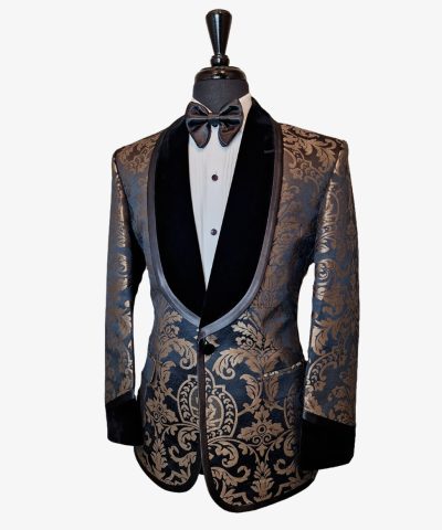 Ambara - Majestic - Black & Bronze Damask Print Jacquard Tuxedo Jacket