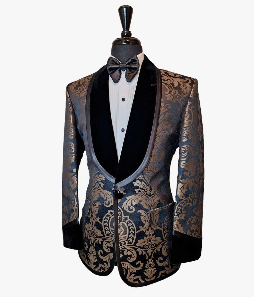 Ambara - Majestic - Black & Bronze Damask Print Jacquard Tuxedo Jacket